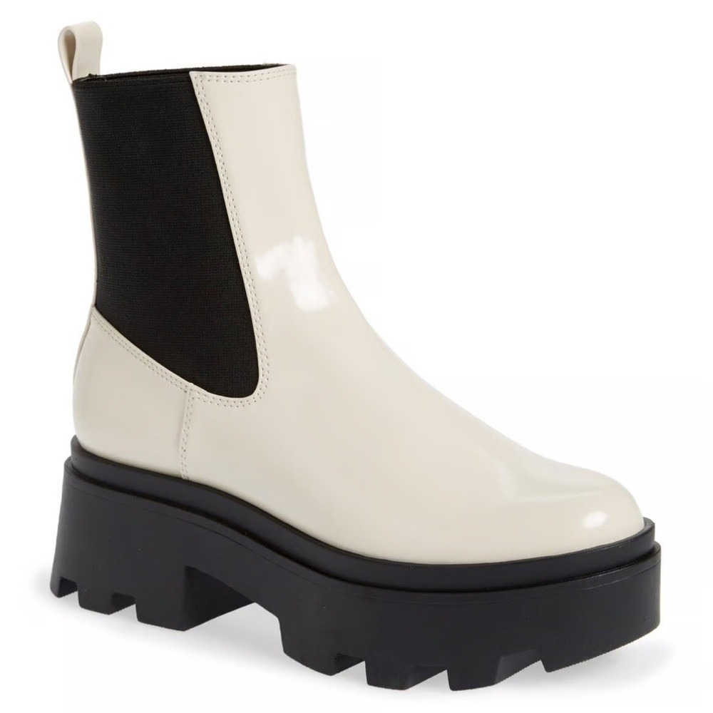 Open Edit Chunky Platform Chelsea Boots Cream Patent Leather Black Sole Sz 7.5‎